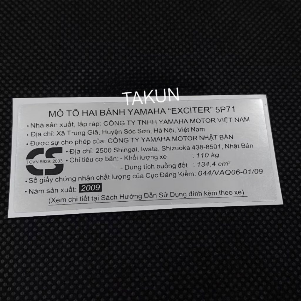 Tem dán càng gắp EXCITER 2009. 5P71, Tem thông số năm Sản xuất 135