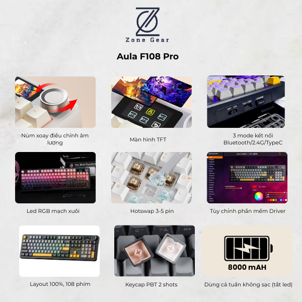 Bàn phím cơ Aula F108 Pro - Bàn phím không dây Fullsize, Led RGB, 3 mode kết nối, Màn hình TFT, Núm xoay chỉnh âm lượng | BigBuy360 - bigbuy360.vn