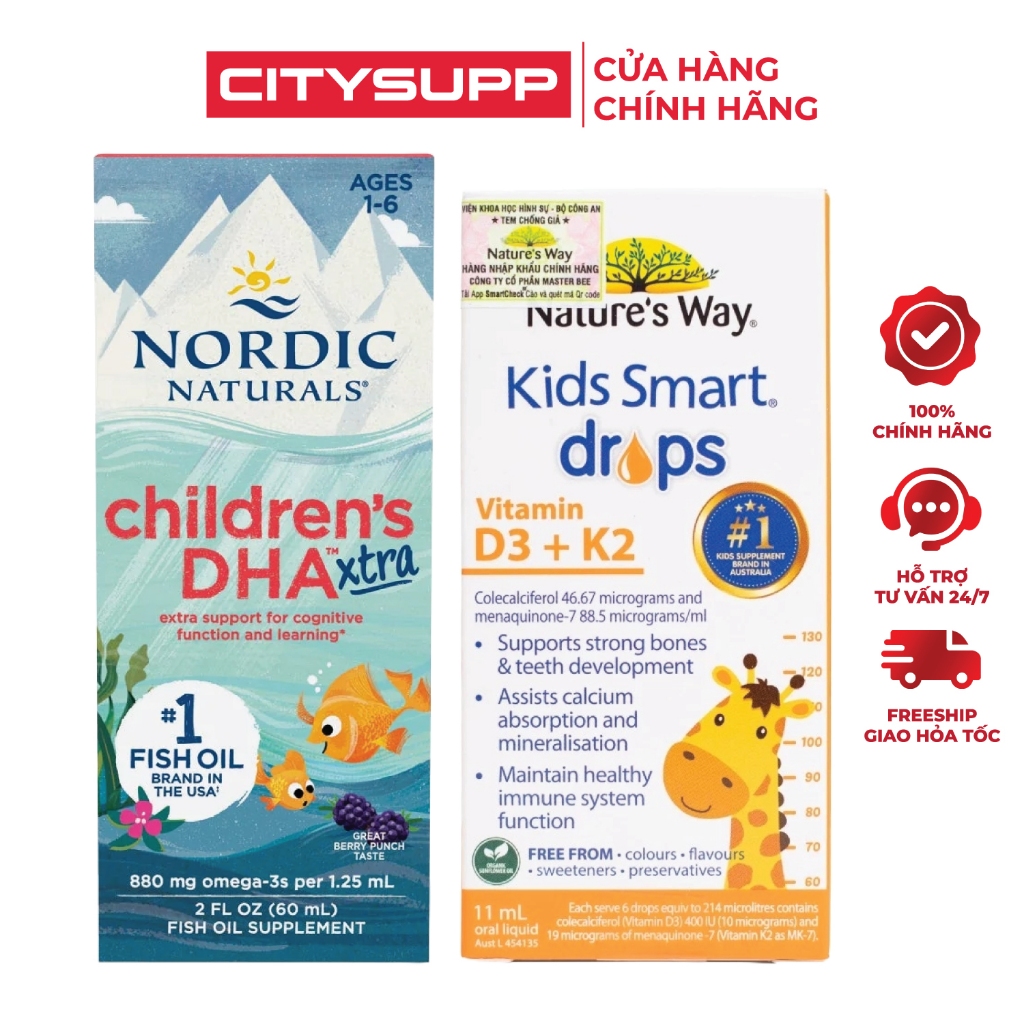 Combo Cao Lớn & Tinh Anh Cho Bé từ 1 Tuổi Nordic DHA Xtra + Nature's Way D3K2 Chính Hãng