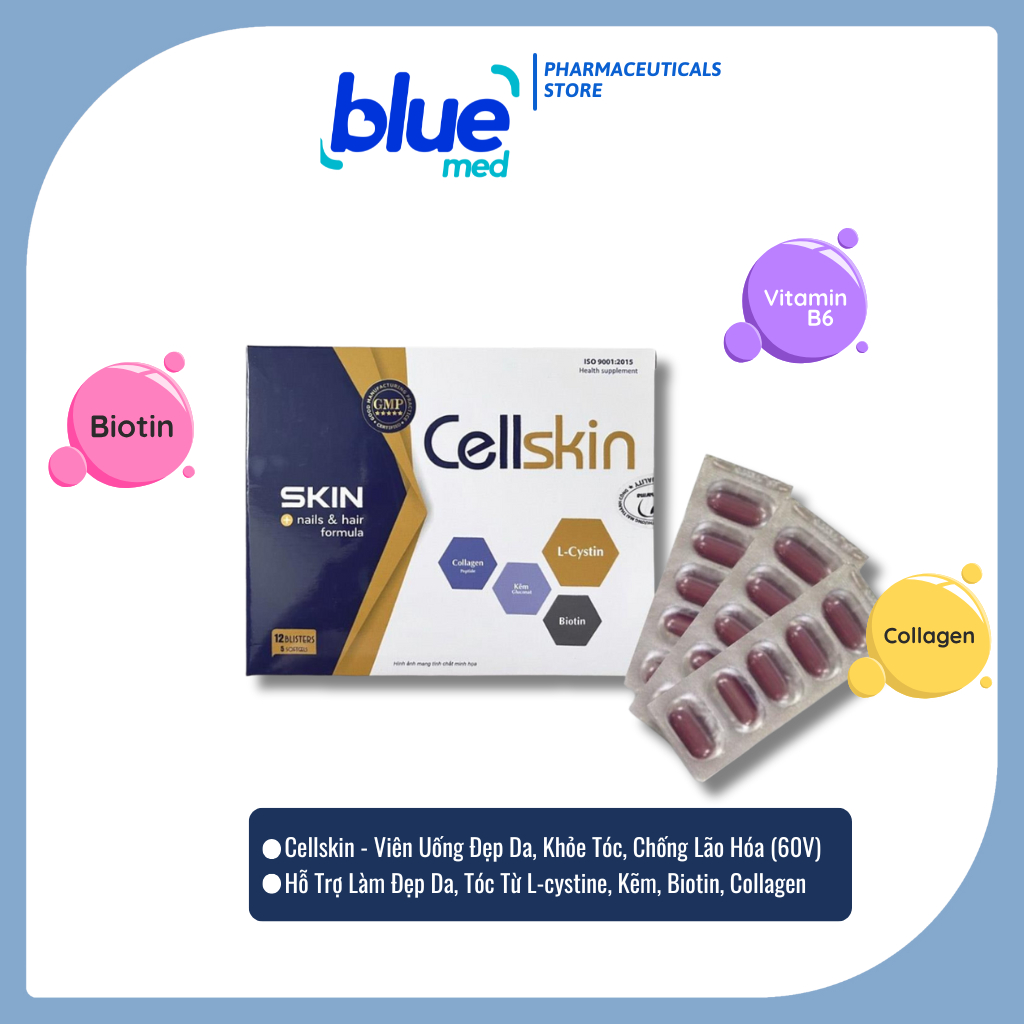 Viên Uống Đẹp Da Tóc Cellskin - Giúp Chống Lão Hóa, Giảm Mụn, Mọc Tóc, Chứa L-Cystine (Hộp 60 Viên)