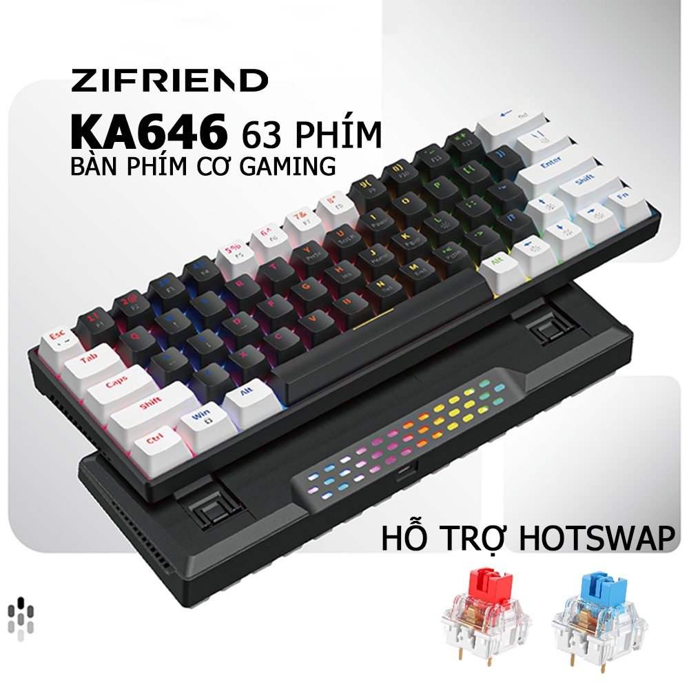 Bàn phím cơ gaming 63 phím Zifriend KA646, Led RGB, Hỗ trợ hotswap, Red/Blue Switch, Kết nối Type-C