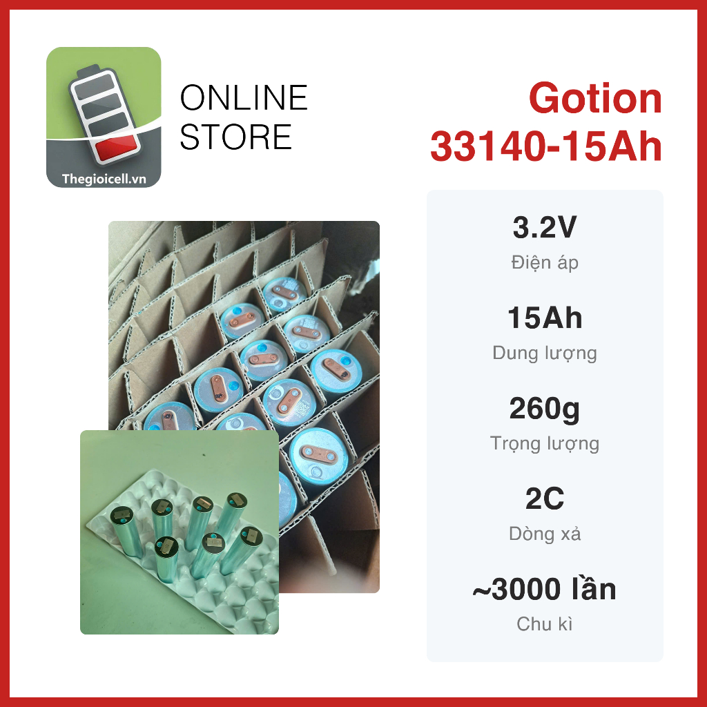 Cell Pin GOTION 33140 (90%) - NỘI TRỞ ~2.0  -  15Ah - 3.2V - Xả 1C - 2C  - 3000 chu kỳ