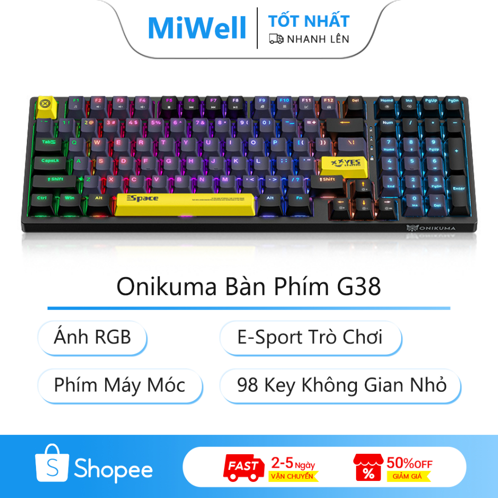 Bàn phím cơ Onikuma G38-Lethal Symbol, ABS keycap, 3 góc nghiêng, 16 triệu màu RGB, Dành cho PC / La