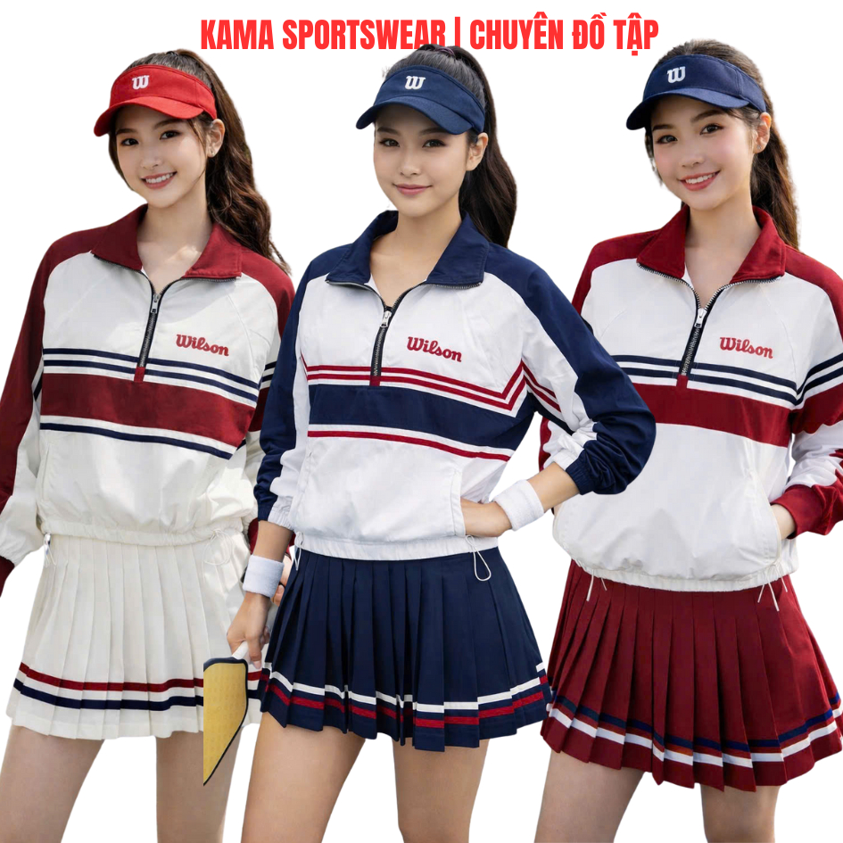 Bộ tập pickleball nữ Kama sport BP184, áo gió mix chân váy xếp li chuyên tập pickleball, tennis,cầu 