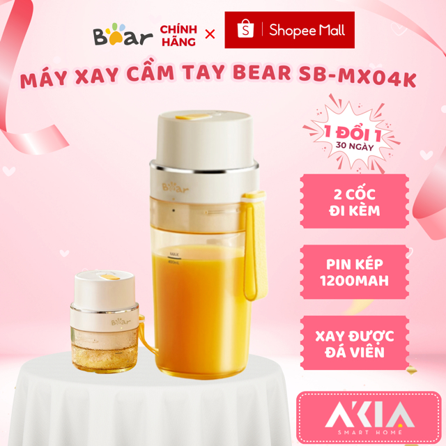 Máy xay sinh tố cầm tay Bear SB-MX04K - Dung tích 400ml, Đi kèm 2 cốc, Xay được đá viên