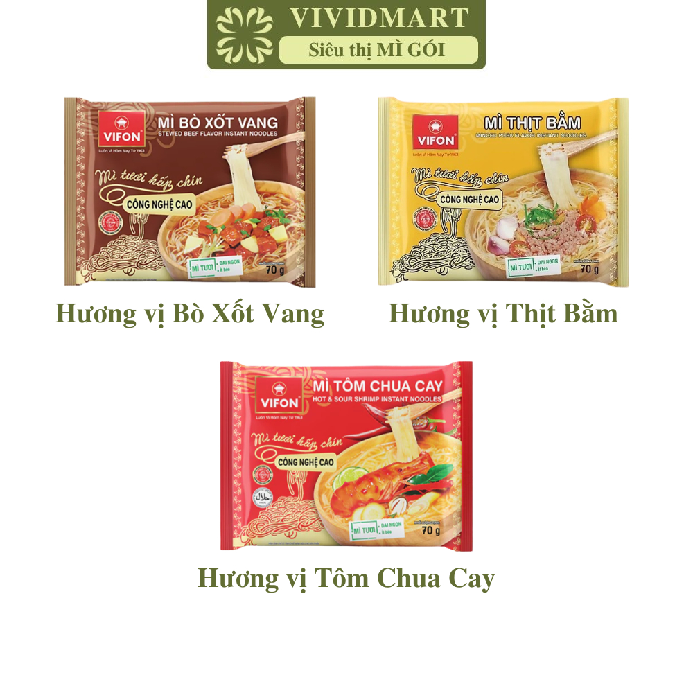 [GÓI LẺ] - VIFON - Mì tươi Vifon 3 vị: Tôm Chua Cay, Bò Xốt Vang, Thịt Bằm (70g/gói) - Mì tươi ăn liền, Mì Vifon tươi