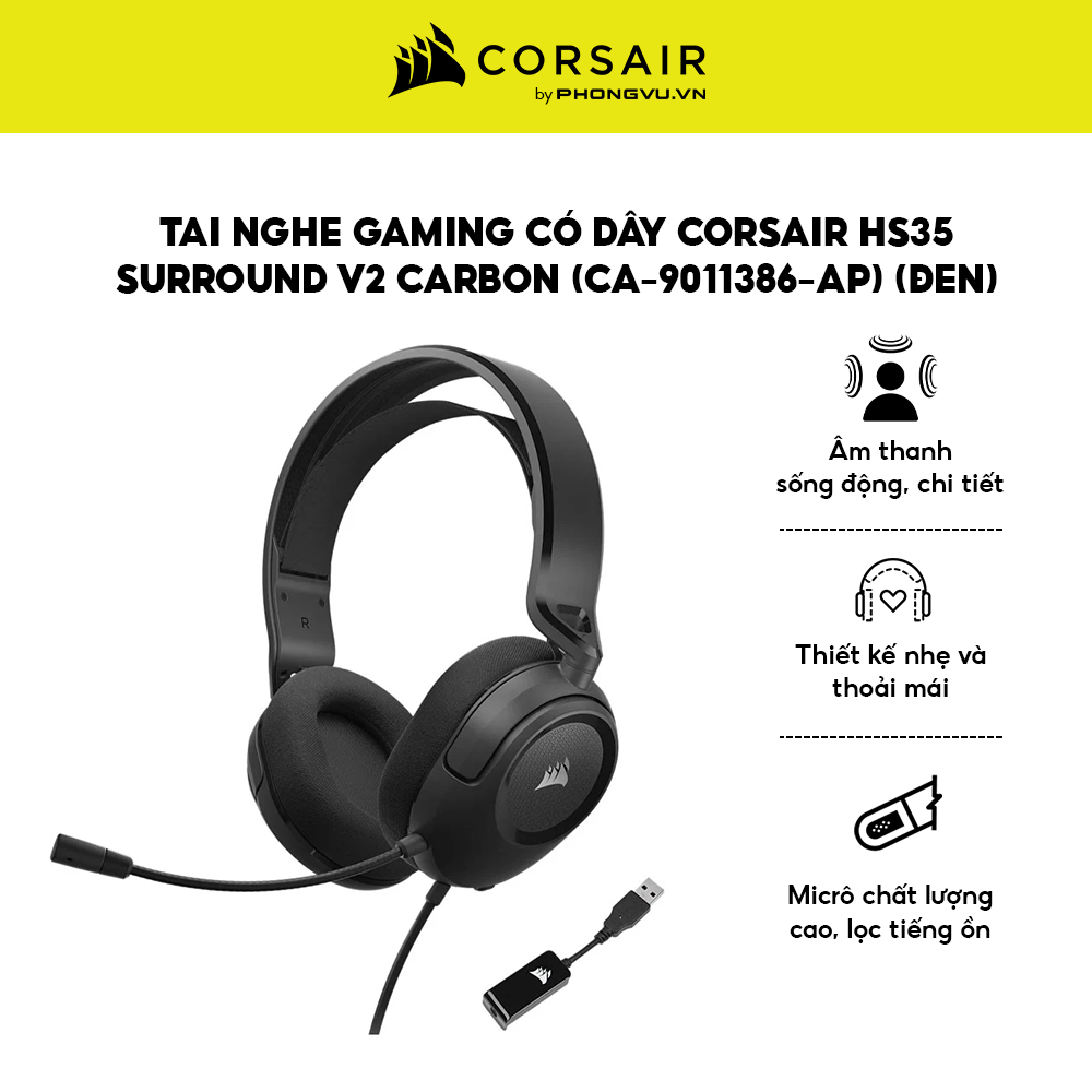 Tai Nghe Gaming Có Dây Choàng Đầu Corsair HS35 Surround V2 Carbon - Driver 50mm - Bảo Hành 24 Tháng