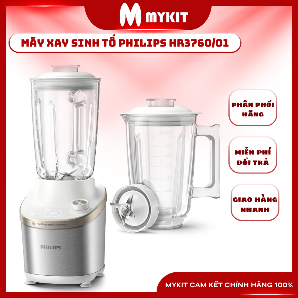Máy Xay Sinh Tố Philips HR3760/01 ProBlend Ultra Xay tốc độ cao, màn hình kỹ thuật số - Hàng Chính H