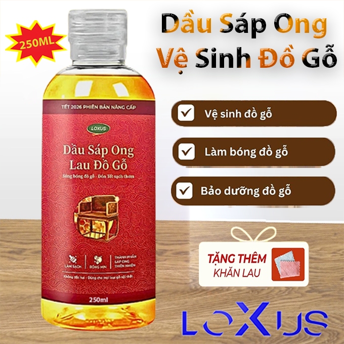 Dung Dịch Đánh Bóng Vệ Sinh Đồ Gỗ LOXUS 250ml - Tẩy Sạch Vết Bẩn, Làm Mờ Vết Xước, Làm Bóng Đồ Gỗ Nội Thất - Tặng Khăn