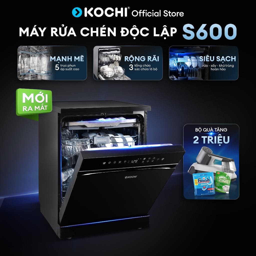 [Shopee - Lắp đặt 0Đ HN HCM] Máy rửa chén độc lập KOCHI S600 - 16 bộ - 5 trục phun nước - Sấy PTC - 