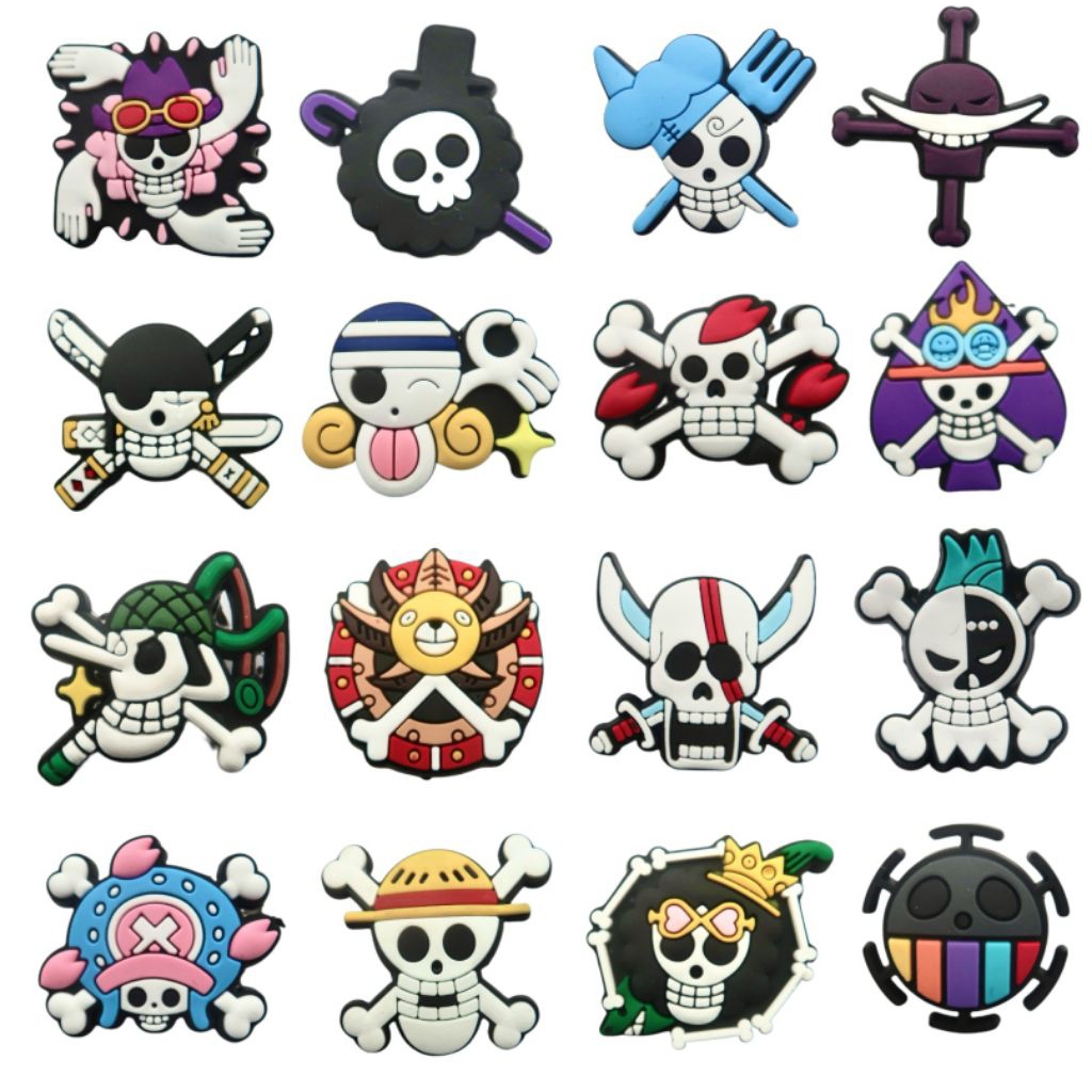 Set charm HUY HIỆU ONE PIECE gắn dép cross, Nút gắn jibbitz sticker anime dép cross cham 2D nhựa PVC