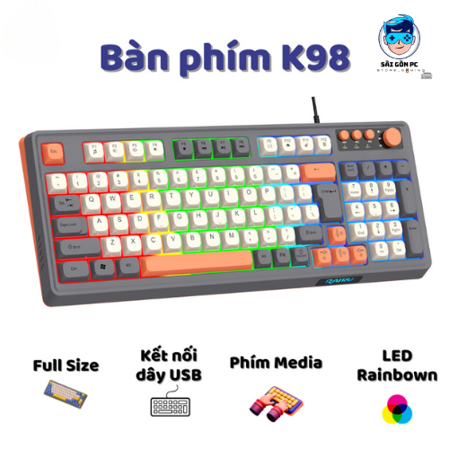 Bàn phím giả cơ Gaming RaiKu K98 full size - Led Rainbow siêu đẹp - Có núm xoay - Phím BPT - Gõ êm