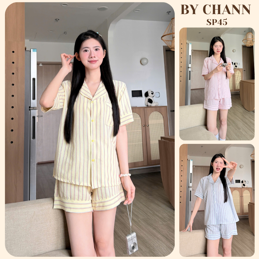 Bộ Đồ Ngủ Pyjama BY CHANN (SP45) họa tiết dễ thương áo cộc quần cộc chất liệu đũi mềm có bigsize đến