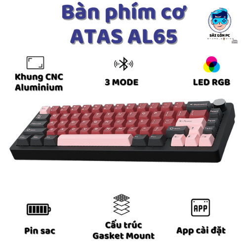 Bàn phím cơ Atas AL65 Khung nhôm CNC 3 mode kết nối - Led RGB -  Pin sạc 4000 mah - Có núm xoay