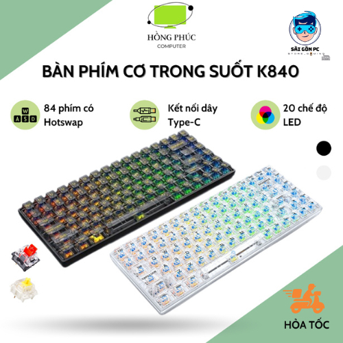 Bàn phím cơ LEAVEN Gaming TKL trong suốt, giá rẻ K840 84 phím - 20 chế độ LED Rainbow - Hot-swap 3 Pin - Chống nước | BigBuy360 - bigbuy360.vn