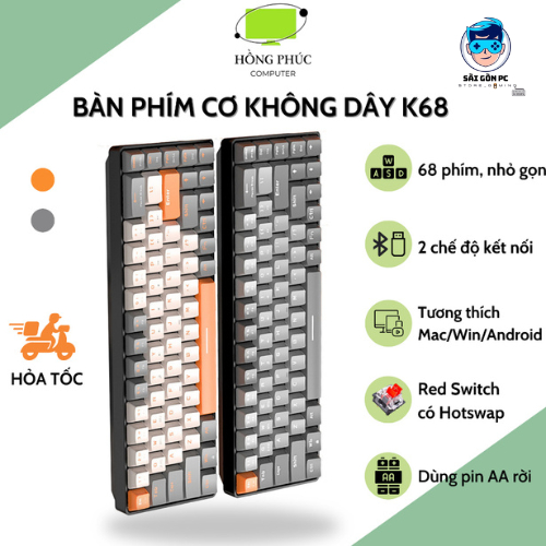 Bàn phím cơ bluetooth không dây Ziyou K68 - Kết nối 2 chế độ (Không dây, Bluetooth)- 68 Phím Hotswap