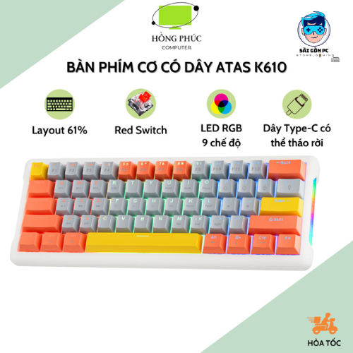 Bàn phím cơ có dây ATAS K610 Layout 61% - Red swtich - LED Rainbow - Có Hotswap | BigBuy360 - bigbuy360.vn