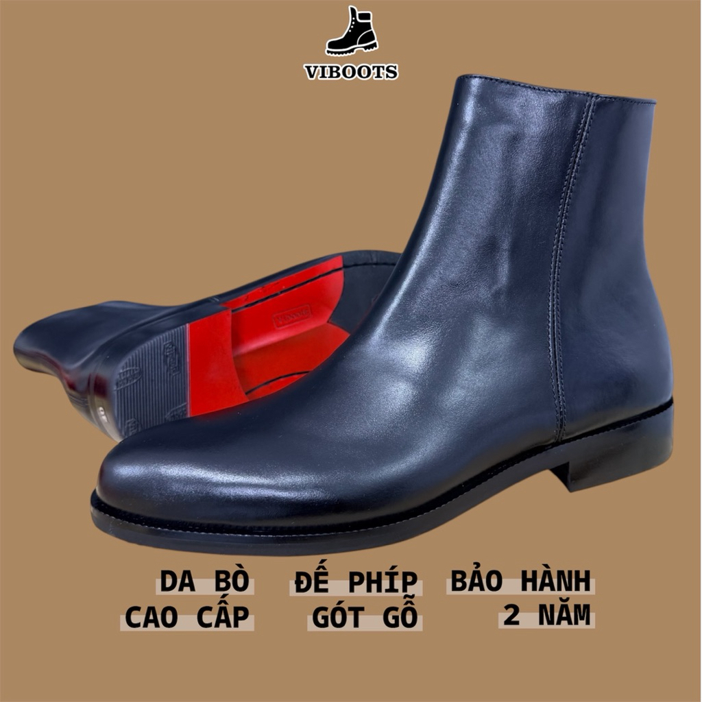 Giày Da Nam Zip Boots Đế Đỏ Da Bò Cao Cấp Thương Hiệu Viboots Ôm Chân Tăng Chiều Cao