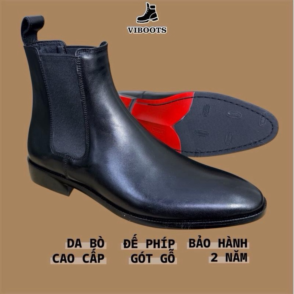 Giày Da Nam Chelsea Boots Đế Đỏ Phíp Gỗ Thương Hiệu Viboots Màu Đen Chất Liệu Cao Cấp