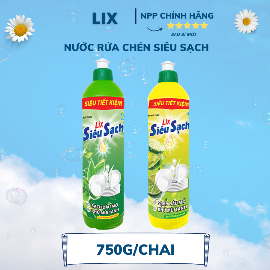 Nước Rửa Chén Lix Siêu Sạch 750G Trà Xanh/Chanh Thơm Mát Sạch Bóng Vết Dầu Mỡ - Lixco Việt Nam