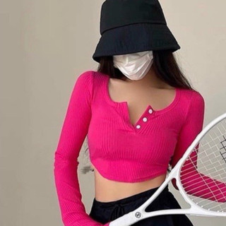 Áo kiểu croptop cổ vuông cài nút tay dài loe xẻ cực hot , chất thun gân mềm mịn