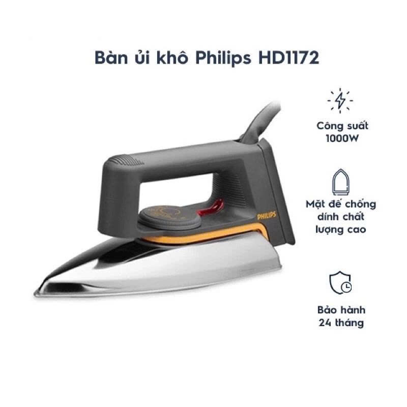 Bàn ủi PHILIPS HD1172 dây 1m9-1000W Mặt đế nhôm - đèn báo nhiệt Tai nghe