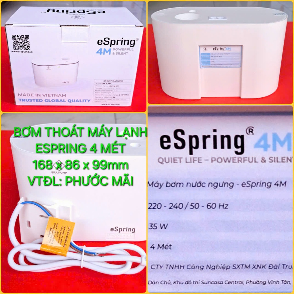 BƠM THOÁT MÁY LẠNH ESPRING 4 MÉT, AC:220-240V, 35W, 0-50C, <21dB, 0.65KG, 4.3x6.5mm (168x86x99MM)  L