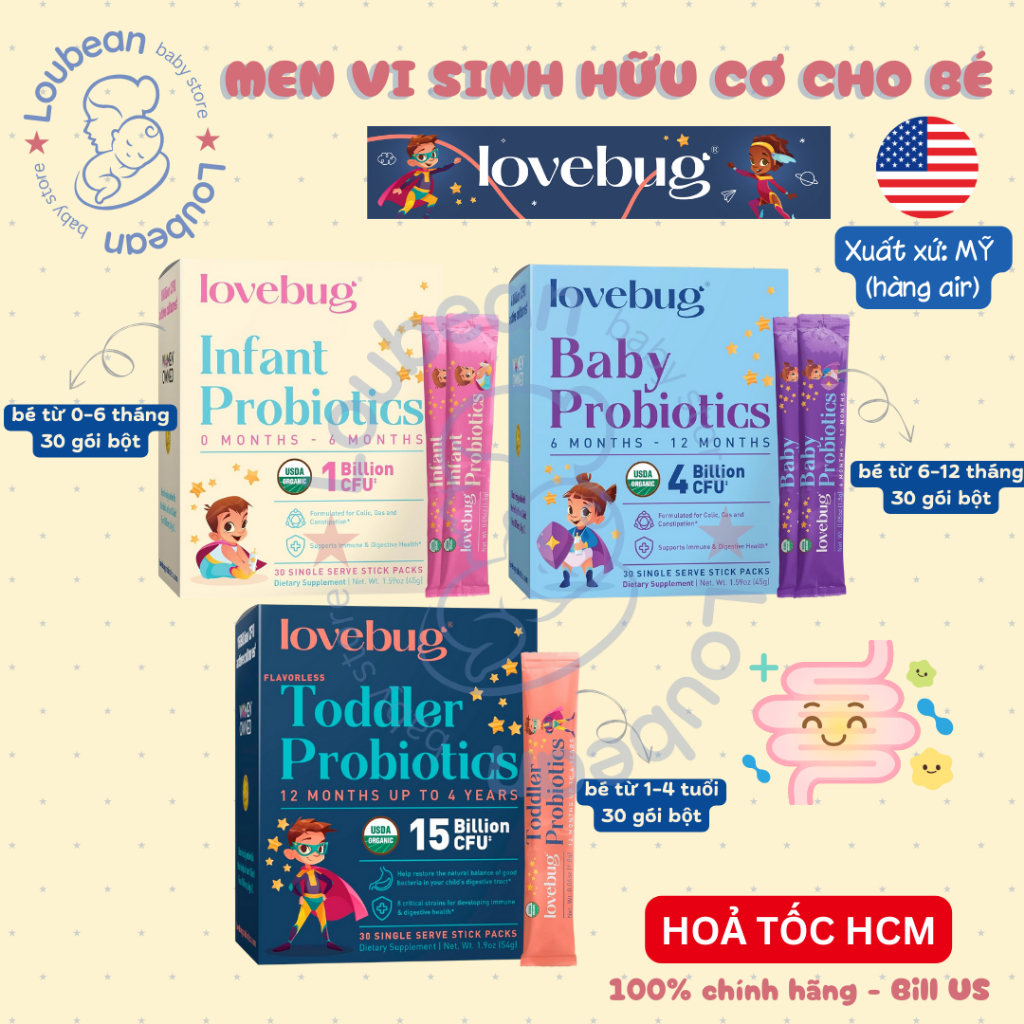 Men vi sinh Lovebug bổ sung lợi khuẩn, hỗ trợ tiêu hóa, đề kháng cho bé nội địa Mỹ Loubean