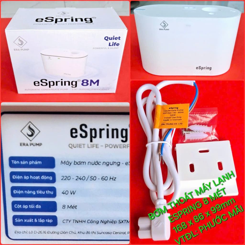 BƠM THOÁT MÁY LẠNH ESPRING 8 MÉT, AC:220-240V, 40W, 0-50C, <21dB, 0.65KG, 4.3x6.5mm (168x86x99MM) LÂ