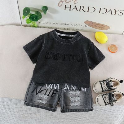 Set Áo Thun Tay Ngắn Họa Tiết In Chữ Quần Denim Cho Bé Trai 1-5 Tuổi MINTSCLOSET Quảng Châu - TN3683