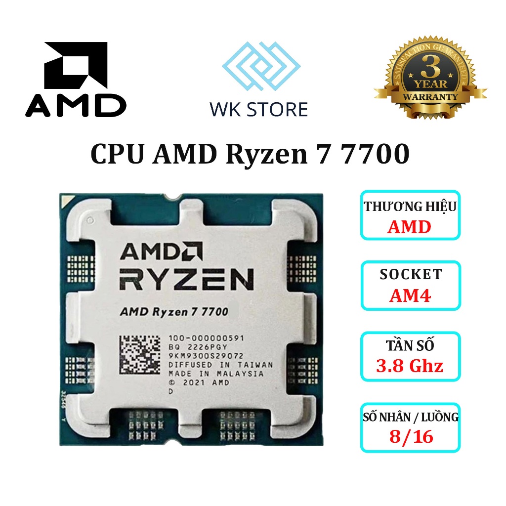 CPU AMD Ryzen 7 7700 TRAY | 5.3GHz / 40MB / 8 Cores, 16 Threads / AM5 Tray, Mới BH 36T