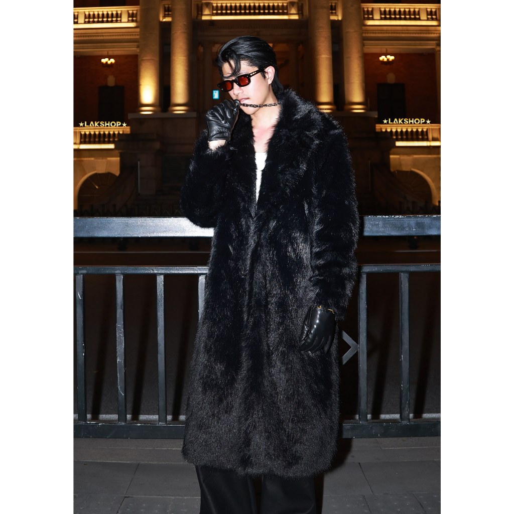 Áo Lông Nam Black Faux Fur Long Coat Jacket