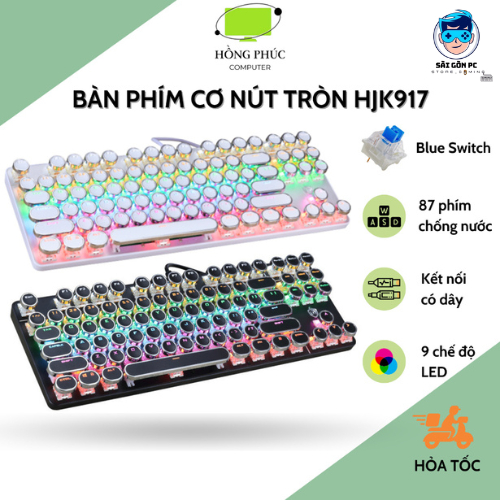 Bàn phím cơ phím tròn cổ điển HJK917 - 87 phím - Đèn LED 9 chế độ - Blue Swich - Chống nước