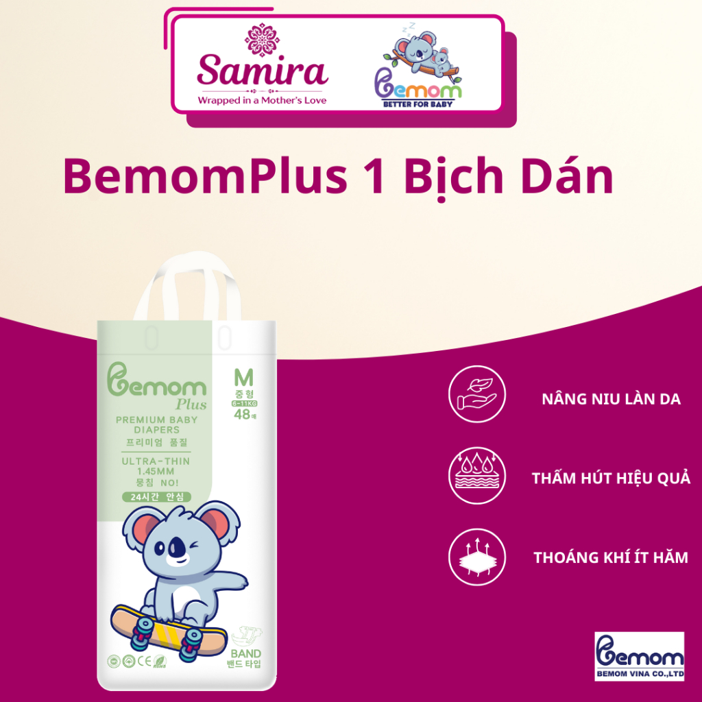 [Kèm Quà] Bỉm Bemom Plus/Summer Size M (6–11kg) – 48 Miếng – Mỏng Mềm Mịn, Thấm Hút Tốt Ngày & Đêm