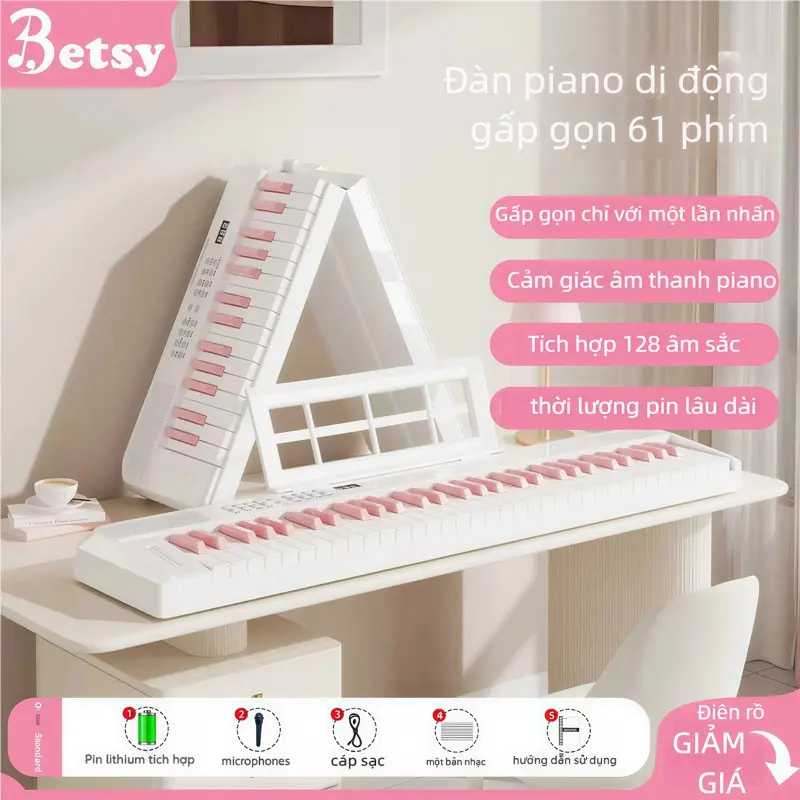 Đàn Piano Điện BETSY Gấp Gọn 61 phím, Phím cảm ứng lực - Tặng Khoá Học Online