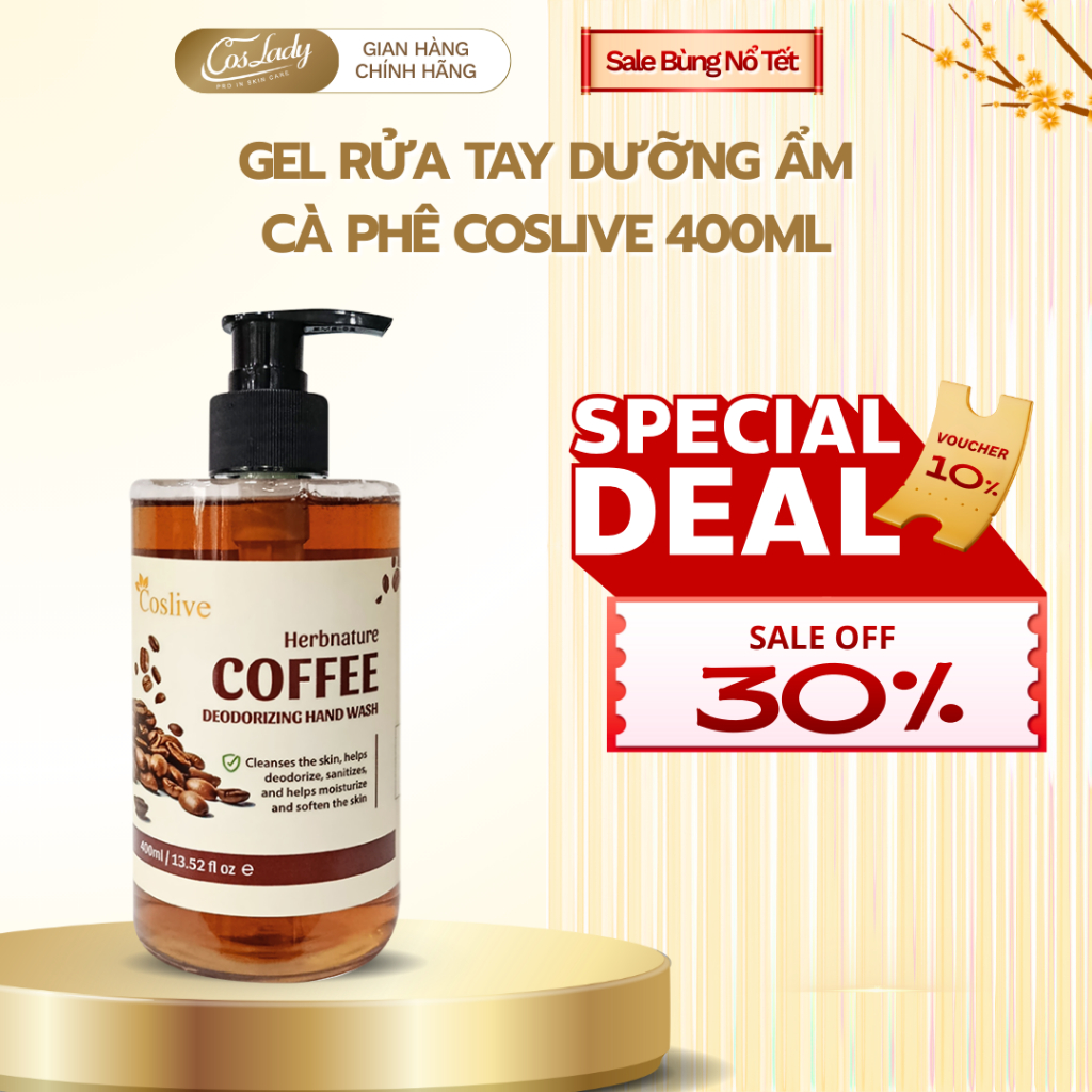 Sữa Rửa Tay Cà Phê Coslive 400ml - Khử Mùi Nhanh Chóng, Dưỡng Ẩm, Loại Bỏ Nhẹ Tế Bào Chết Cho Da