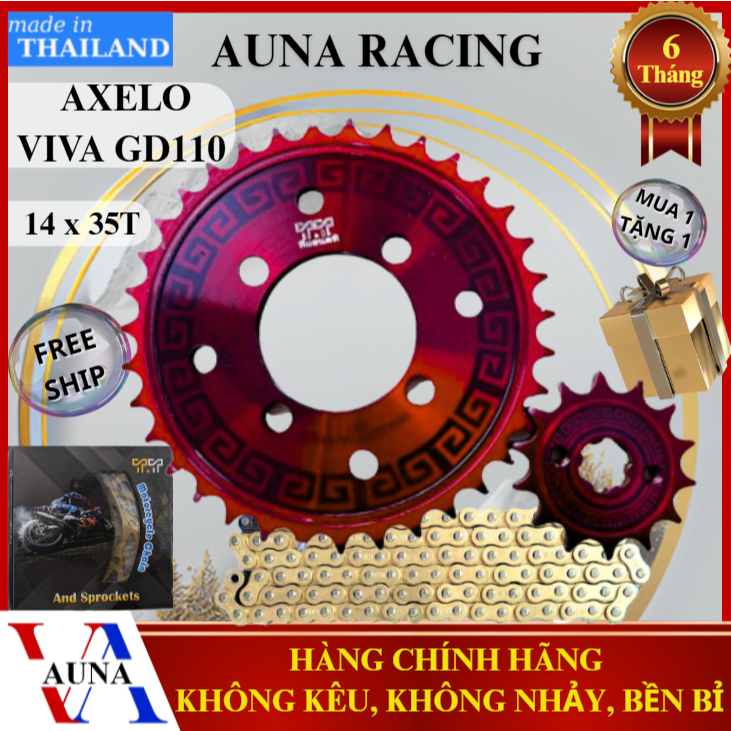 Bộ Nhông Sên Dĩa Suzuki Axelo, Viva, GD110 14x35T Đỏ Thái Lan - Sên Màu 10 Ly Thép C45