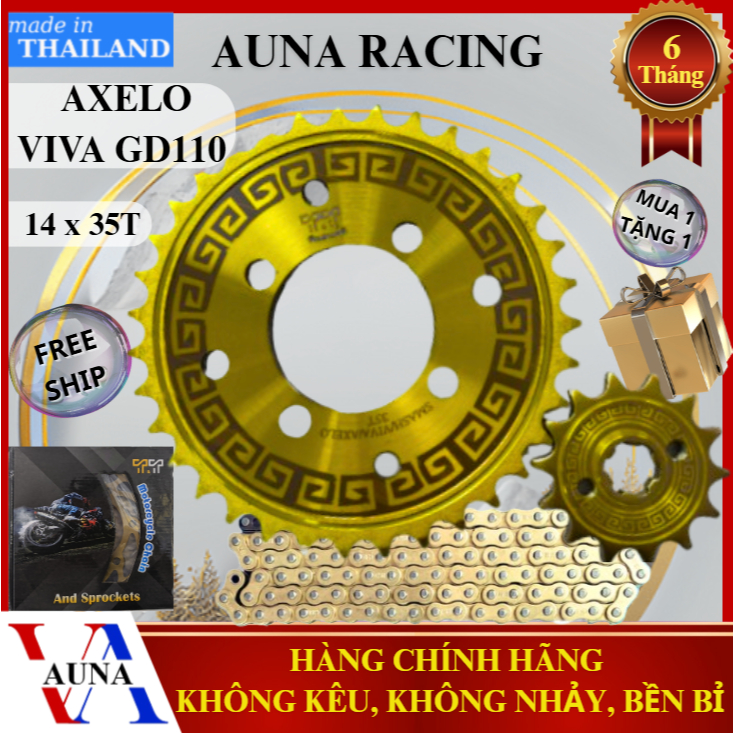 Bộ Nhông Sên Dĩa Suzuki Axelo, Viva, GD110 14x35T Vàng Thái Lan - Sên Màu 10 Ly Thép C45