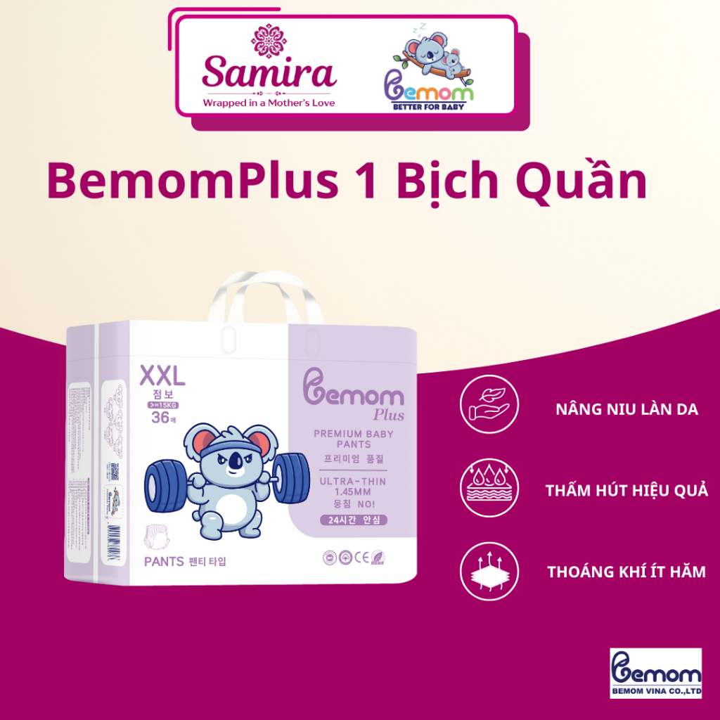 Bỉm Quần Bemom Plus – Mỏng Nhẹ Mềm Mịn, Thấm Hút Tốt Ngày & Đêm –  Khô Thoáng  Size M/L/XL/XXL/XXXL