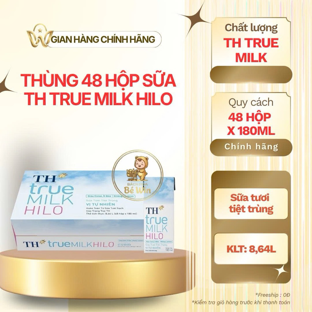 Thùng 48 Hộp Sữa Tươi Tiệt Trùng TH True Milk HILO 180ml Giàu Canxi Ít Béo( Thùng 48 Hộp )