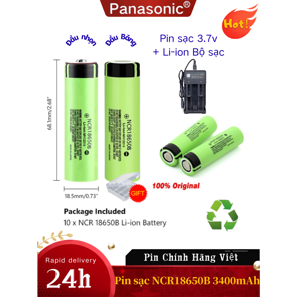 Mới 100% Pin sạc NCR18650 3.7V Panasonic Nhật Bản-Dung Lượng Cao 3400mAh Đầu Bǎng/Đầu nhọn