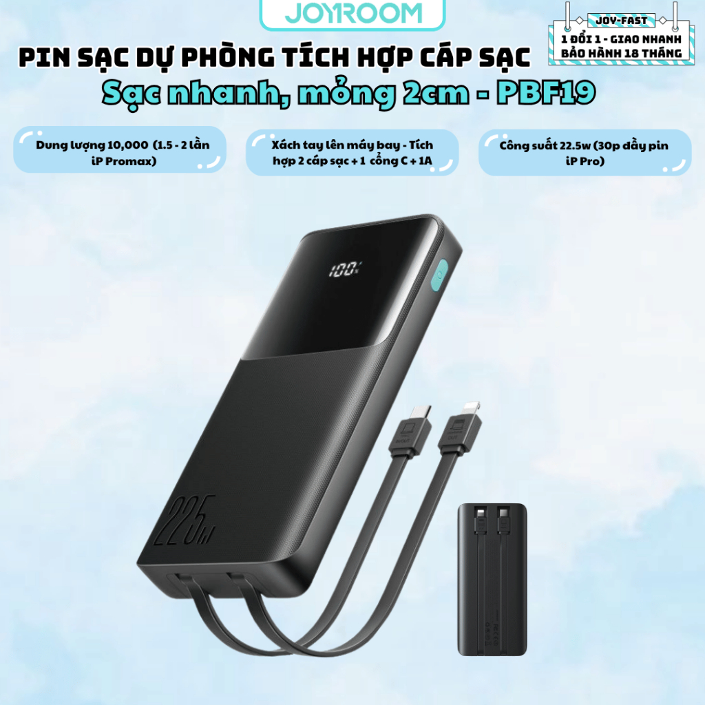 Sạc dự phòng sạc nhanh 22.5W Joyroom PBF19 cho điện thoại iP, Samsung màn hình và tích hợp cáp