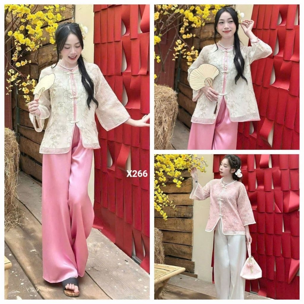 Bo thiet ke Sét áo xô thêu 2 lớp nút tàu quần tuyết nhung dài rộng chuẩn hình cao cấp X266 Xinh lung