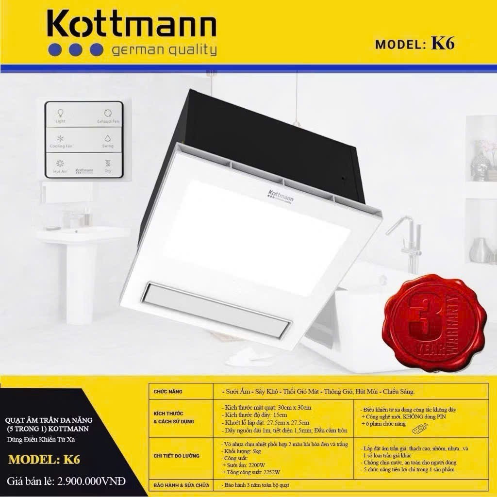 Quạt sưởi âm trần Kottmann K6 [CHÍNH HÃNG] | 5 in 1. Sưởi, Sấy, Mát, Thông gió hút mùi, Chiếu sáng
