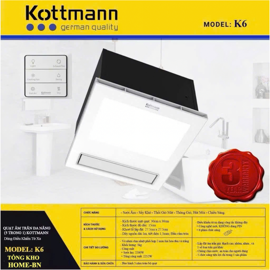 Quạt sưởi âm trần Kottmann K6 [CHÍNH HÃNG] | 5 in 1. Sưởi, Sấy, Mát, Thông gió hút mùi, Chiếu sáng