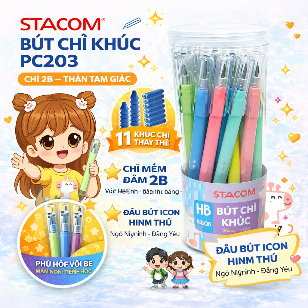 Combo 3/5/10 cây bút chì 11 khúc, độ chì 2B, màu đậm, đầu tẩy có họa tiết xinh xắn | Stacom PC204