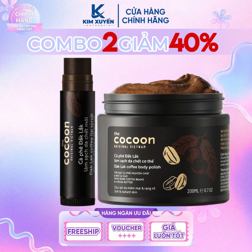 [ COMBO 2 ]  Tẩy tế bào chết body Cà phê Đắk Lắk Cocoon 200ml -  Ttbc môi cocoon 5ml Chính hãng