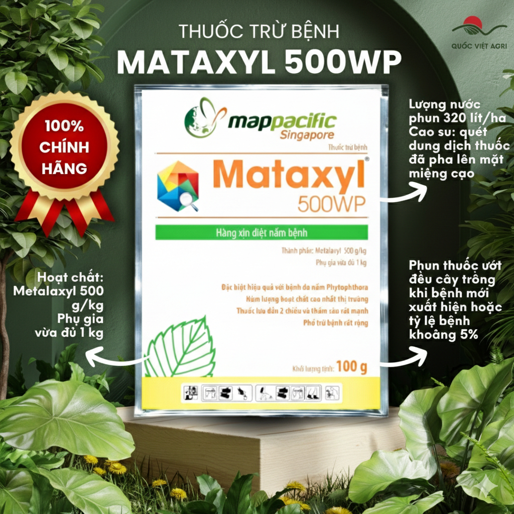 Thuốc trừ nấm bệnh MATAXYL 500WP (gói 100g) - Metalaxyl 500g/kg Trừ sương mai, vàng lá, thối quả