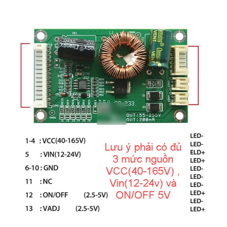 Mạch cao áp  vào Vin 12-24V và VCC 40-165V ra 35-180V Led đa năng độ cao áp tivi led 26-60 inch - KN