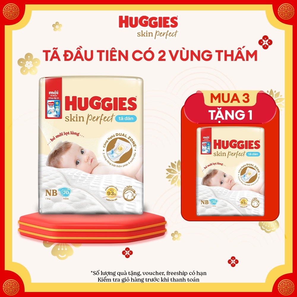 [MUA 3 TẶNG 1] Bỉm dán HUGGIES Skinperfect size NB70+4